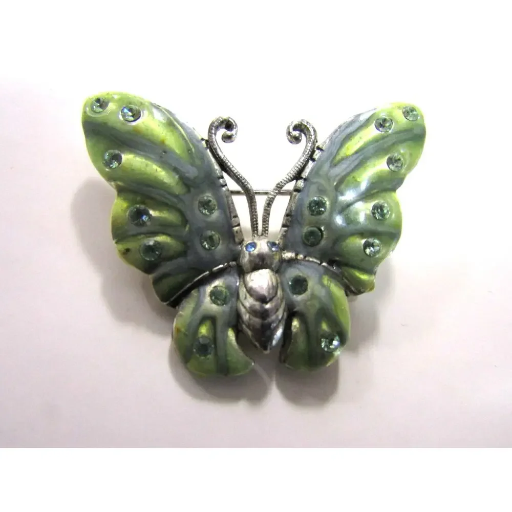 Sage Green Enamel Butterfly W/Rhinstones Brooch Boho Minimalist Art Deco Cottage